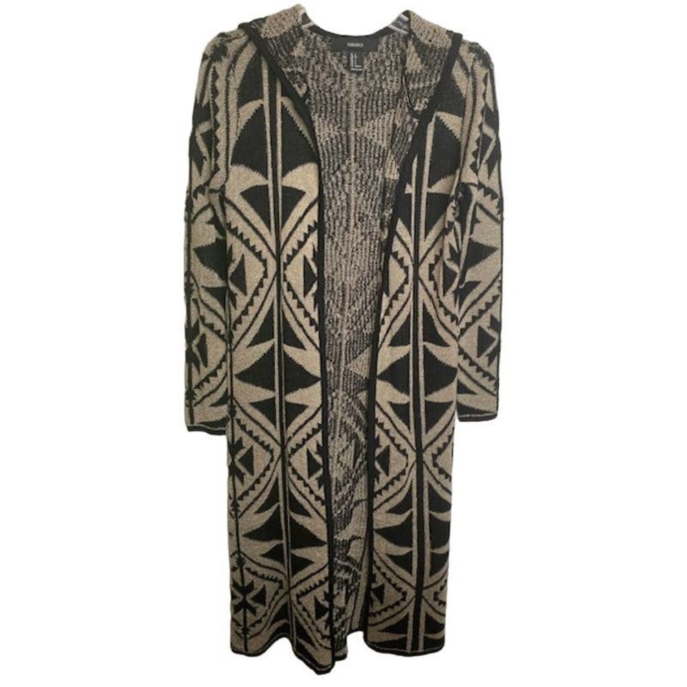 FOREVER 21 BLACK/BEIGE HOODED OPEN FRONT MAXI CARDIGAN SIZE: S - Picture 1 of 6